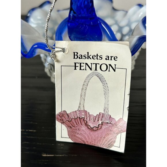 VTG Fenton Blue Opalescent Hobnail Glass Basket with Ruffled Edge New Old Stock - Picture 10 of 11
